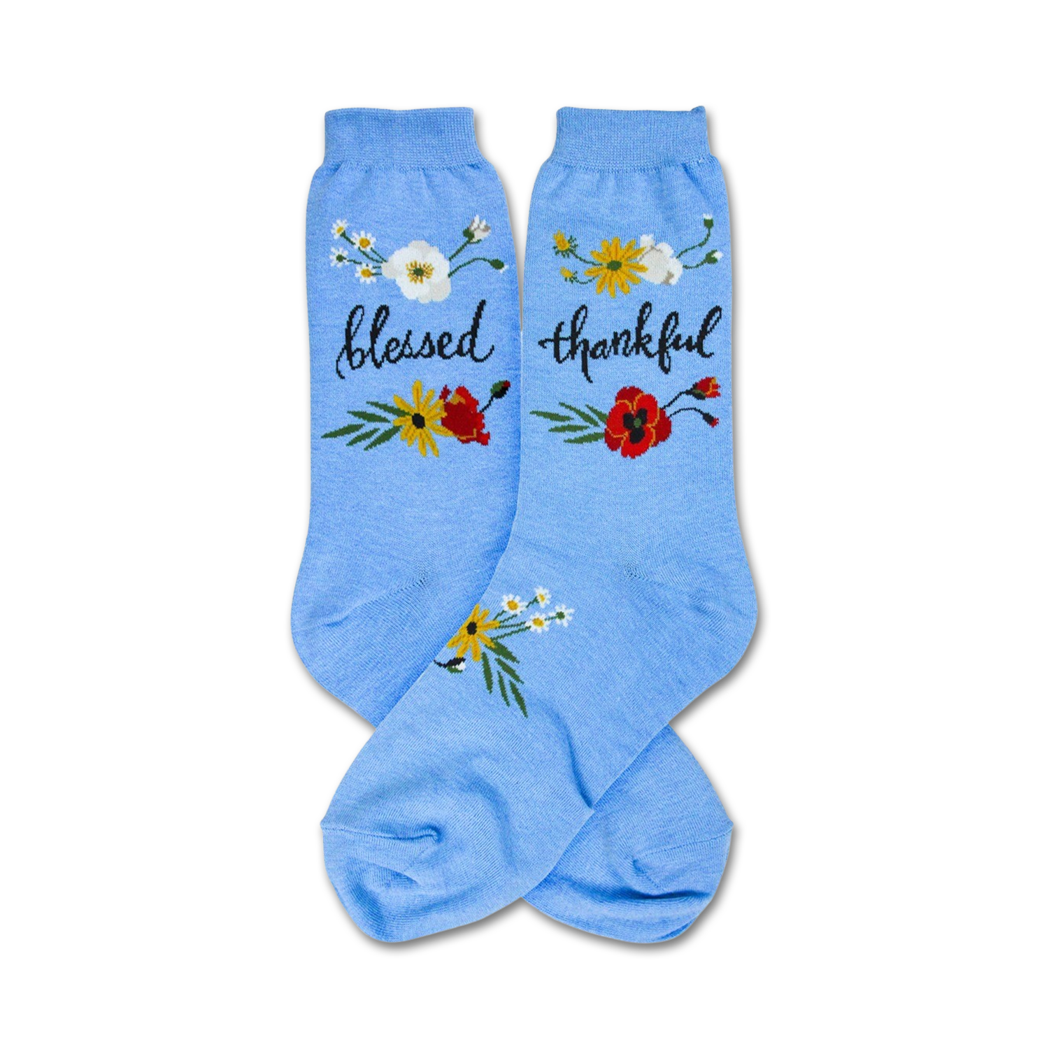 Pair of light blue crew socks with small floral bouquets and the words 'blessed' and 'thankful' embroidered on them.