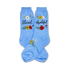 crew length floral patterned blessed socks in blue for women. 