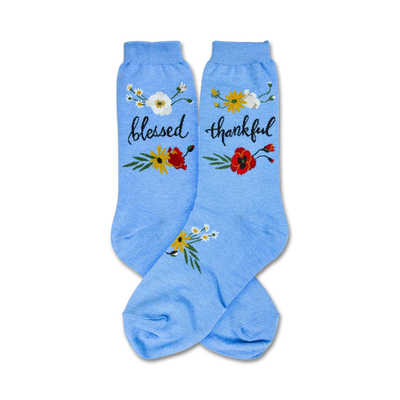 crew length floral patterned blessed socks in blue for women. 