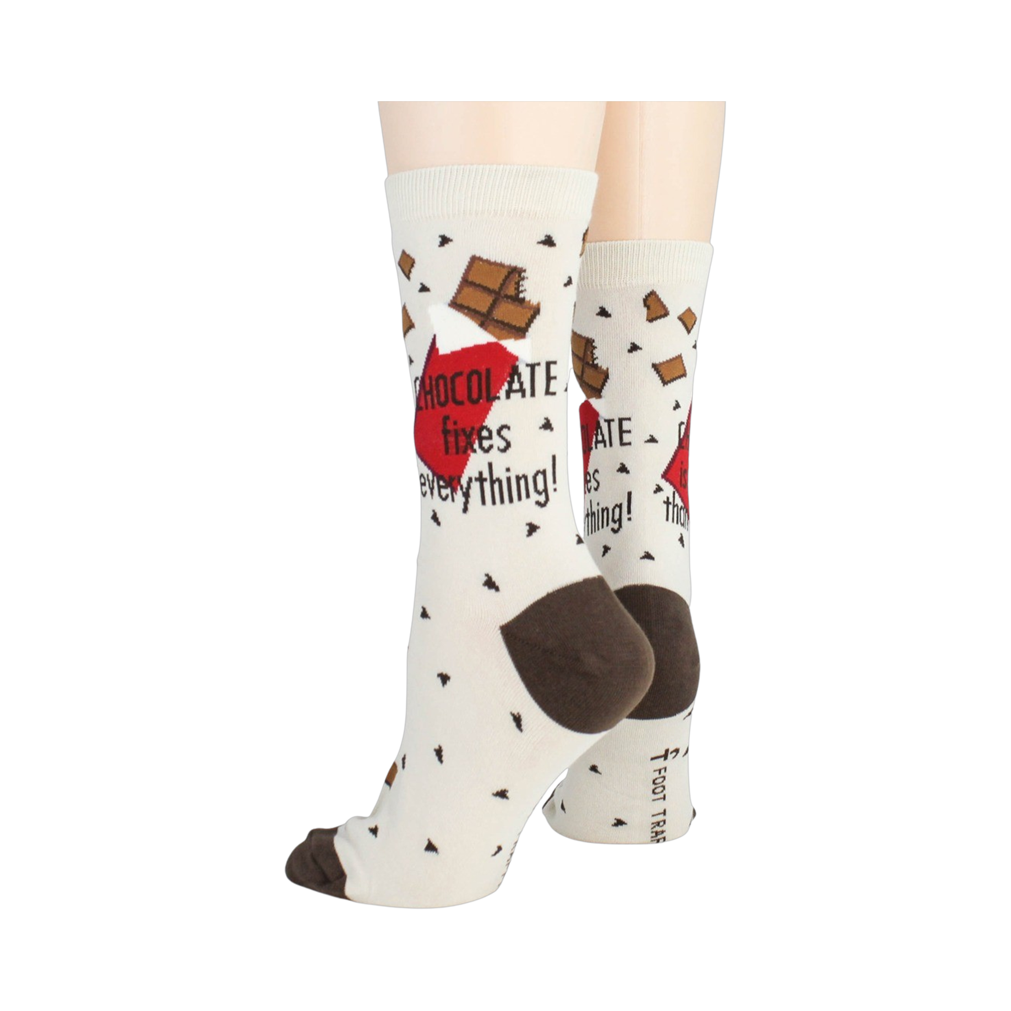 Close-up shot highlighting the sock's design details, including the chocolate bar graphics and text.