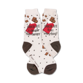 Cream crew socks with brown heel and toe. Features chocolate bar graphics and the text 'Chocolate is cheaper than therapy' and 'Chocolate fixes everything!'