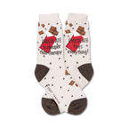 Cream crew socks with brown heel and toe. Features chocolate bar graphics and the text 'Chocolate is cheaper than therapy' and 'Chocolate fixes everything!'