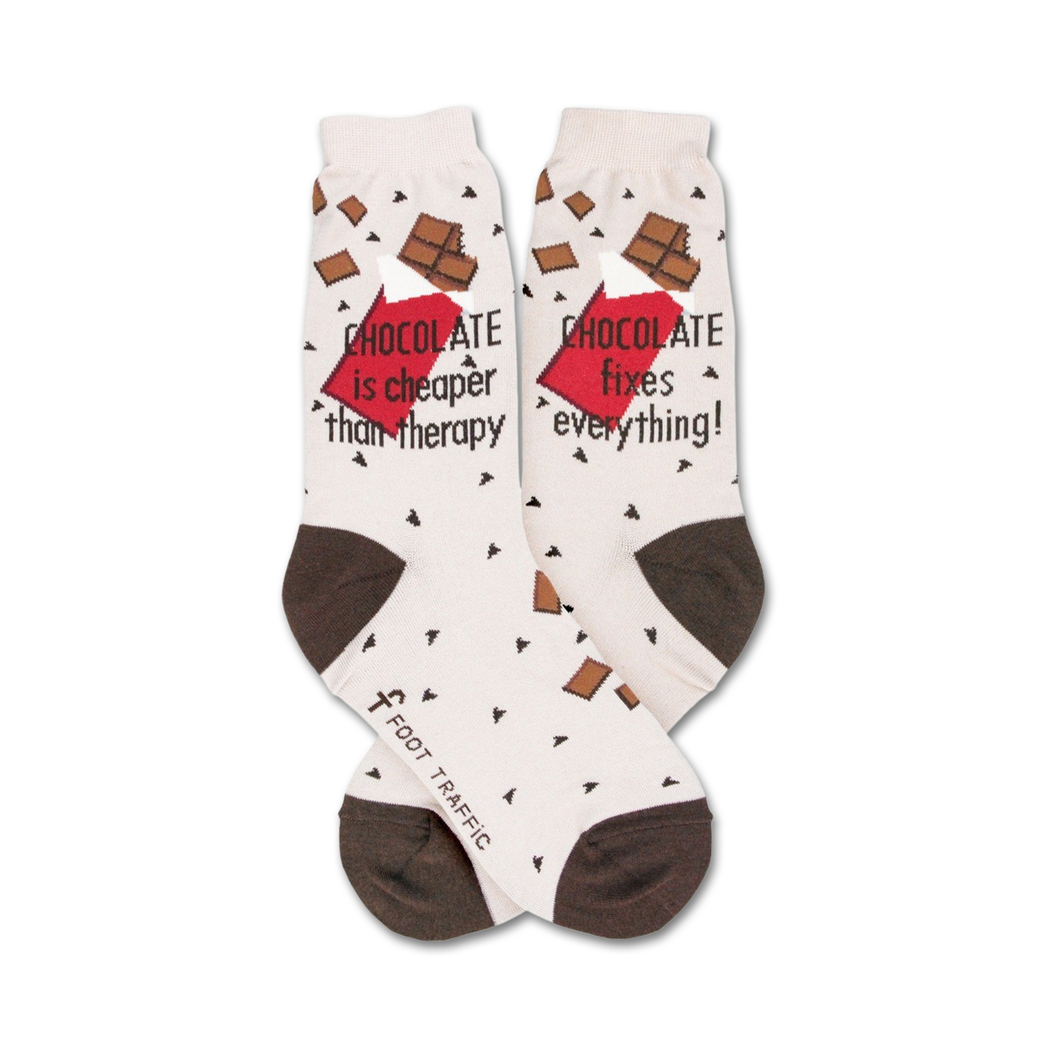 Cream crew socks with brown heel and toe. Features chocolate bar graphics and the text 'Chocolate is cheaper than therapy' and 'Chocolate fixes everything!'