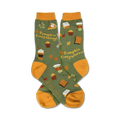 Crew socks in olive green and orange with a fall-themed design.  Features images of pumpkin pie, lattes, muffins, and the text 'Pumpkin Everything!'