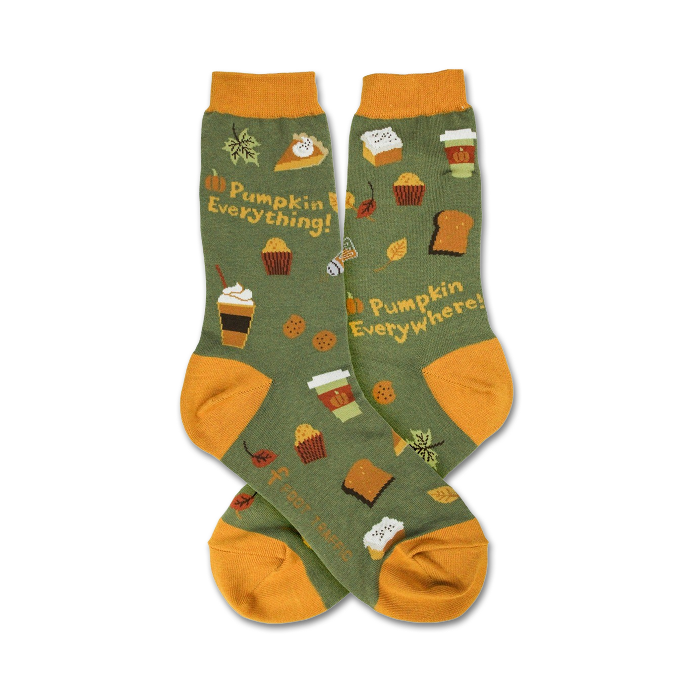Crew socks in olive green and orange with a fall-themed design.  Features images of pumpkin pie, lattes, muffins, and the text 'Pumpkin Everything!'