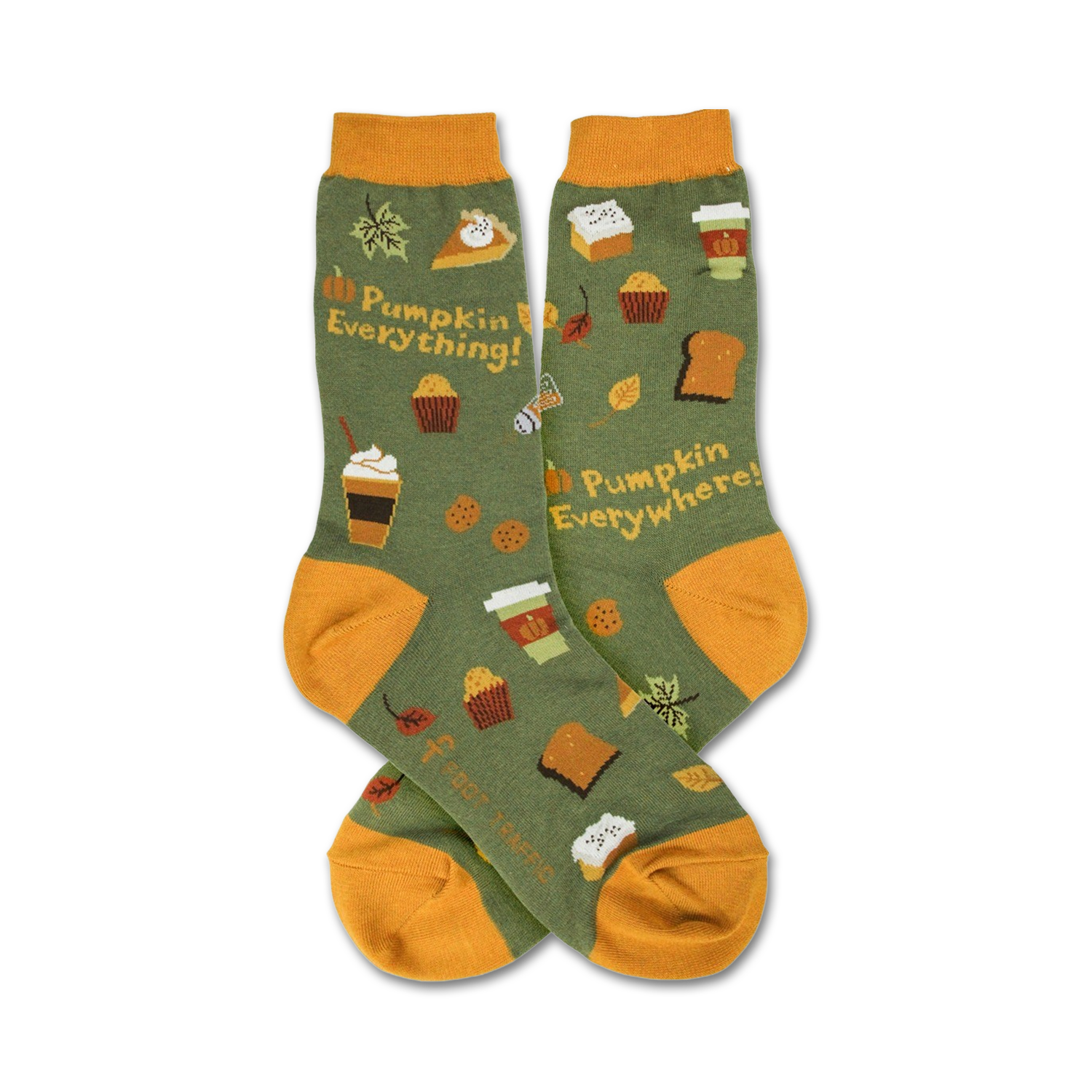 Crew socks in olive green and orange with a fall-themed design.  Features images of pumpkin pie, lattes, muffins, and the text 'Pumpkin Everything!'