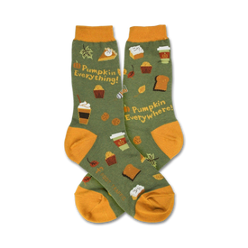 green crew socks with orange toe, heel, and cuff. featuring pumpkins, leaves, and the words "pumpkin everything...everywhere."  
