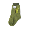 Olive green crew sock with dark dots, featuring a cartoon pickle character and a speech bubble saying 'I'm kind of a big dill !'.