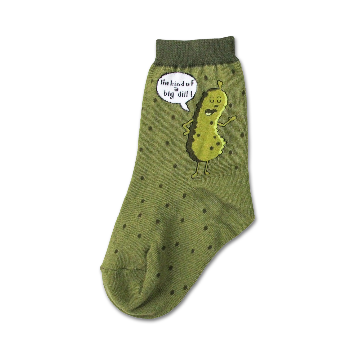 Olive green crew sock with dark dots, featuring a cartoon pickle character and a speech bubble saying 'I'm kind of a big dill !'.