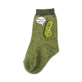 kids' crew socks with a green background, dark green polka dots, a cartoon pickle wearing a yarmulke, and the phrase "i'm kind of a big dill."  