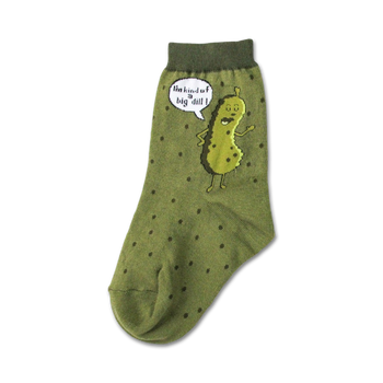 kids' crew socks with a green background, dark green polka dots, a cartoon pickle wearing a yarmulke, and the phrase "i'm kind of a big dill."  