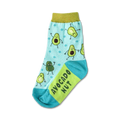 Crew socks in light blue with a pattern of cute cartoon avocados and lime green 'Avocado Nut' text.