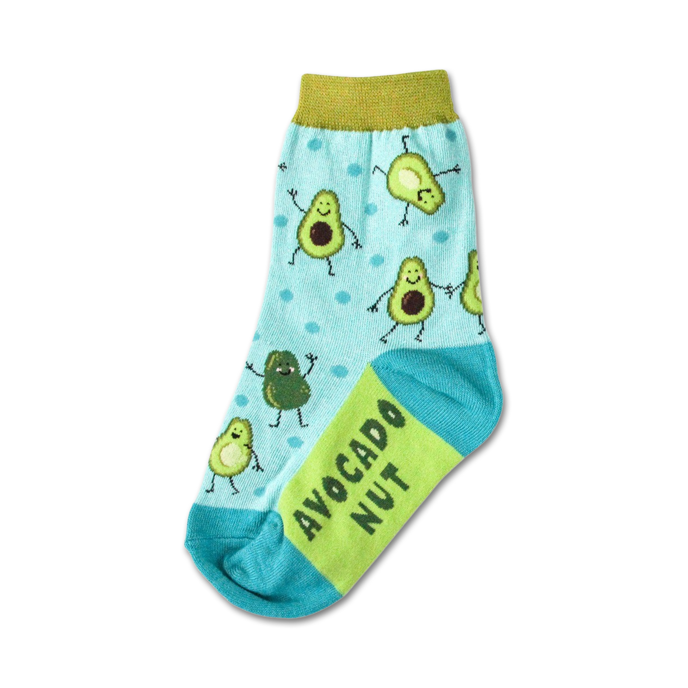 Crew socks in light blue with a pattern of cute cartoon avocados and lime green 'Avocado Nut' text.