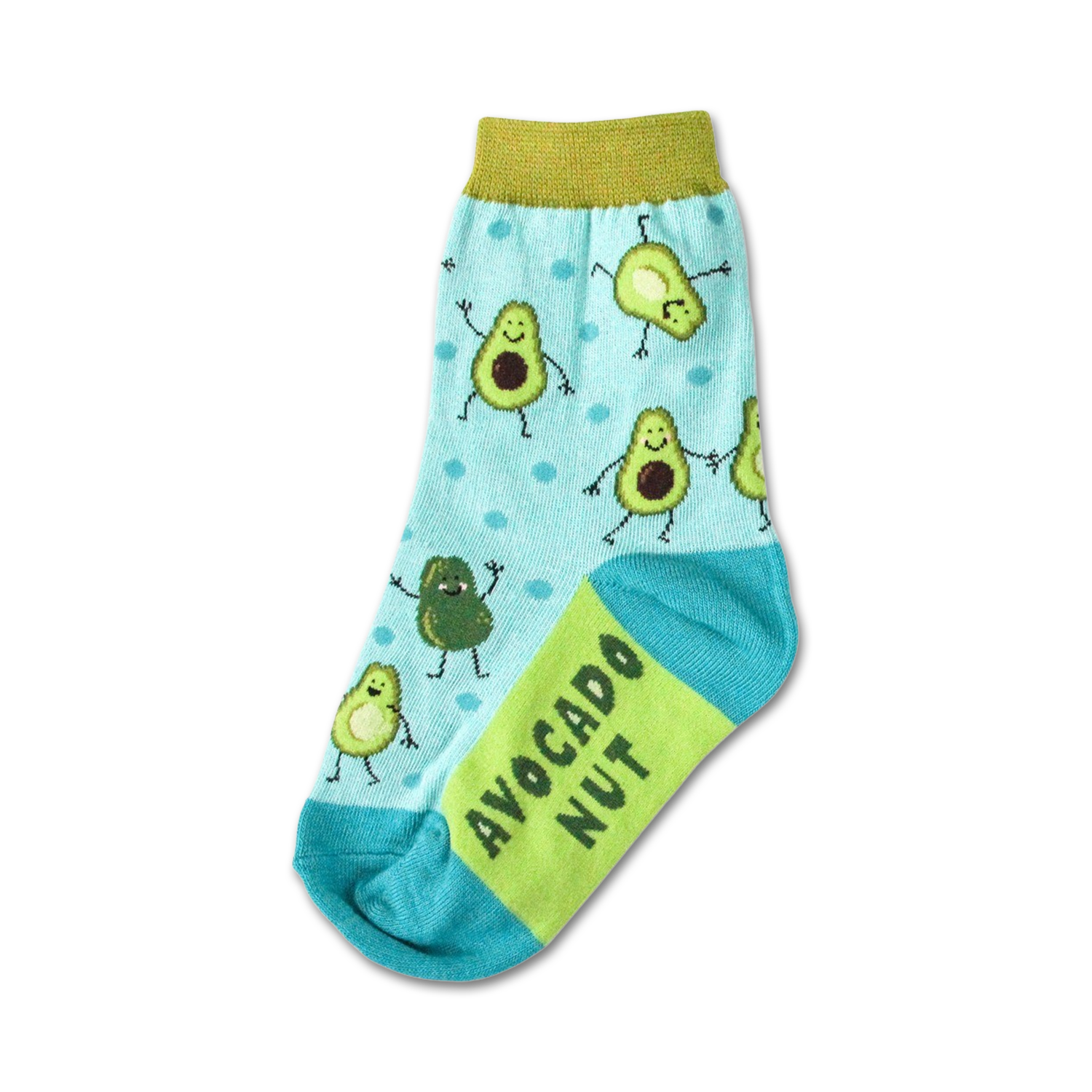 Crew socks in light blue with a pattern of cute cartoon avocados and lime green 'Avocado Nut' text.