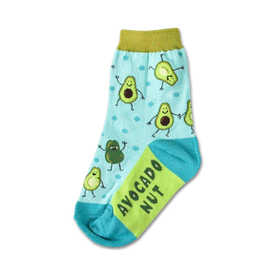light blue kids' crew socks with polka dots and silly avocados wearing shirts. perfect for avocado lovers!    