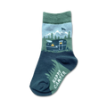 Happy Camper crew socks in dark teal, olive green, and light blue. Design features a vintage camper, mountains, trees, and a small airplane.
