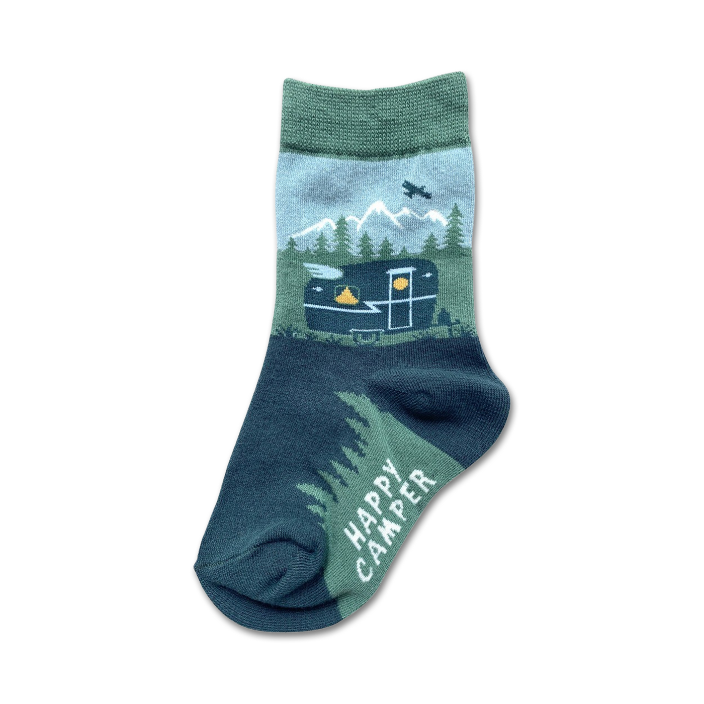 Happy Camper crew socks in dark teal, olive green, and light blue. Design features a vintage camper, mountains, trees, and a small airplane.