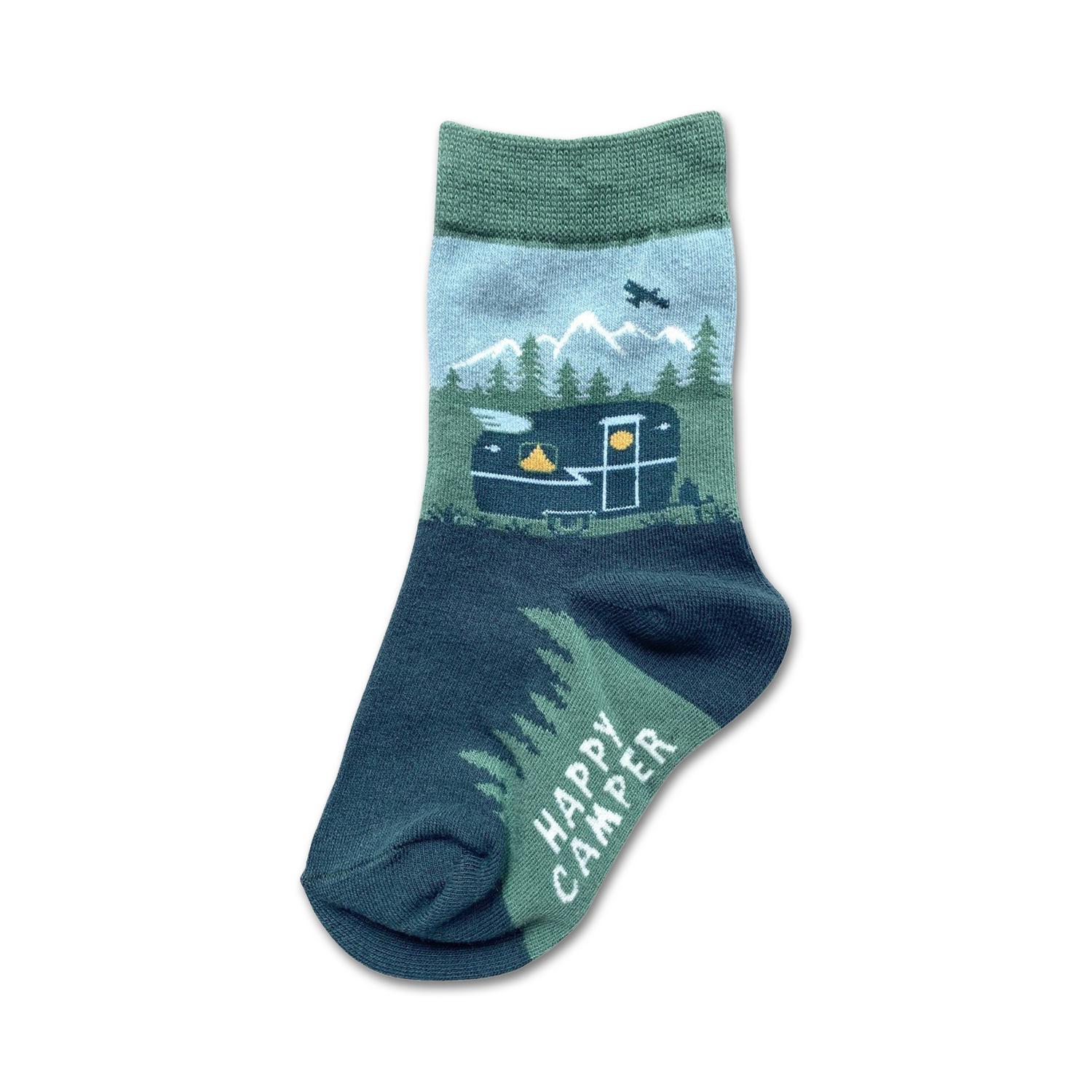 Happy Camper crew socks in dark teal, olive green, and light blue. Design features a vintage camper, mountains, trees, and a small airplane.