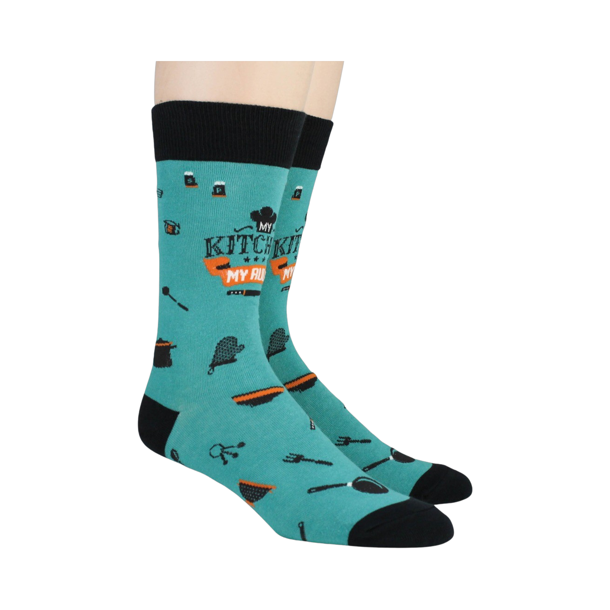 Lifestyle shot: Two people wearing teal 'My Kitchen My Rules' socks.