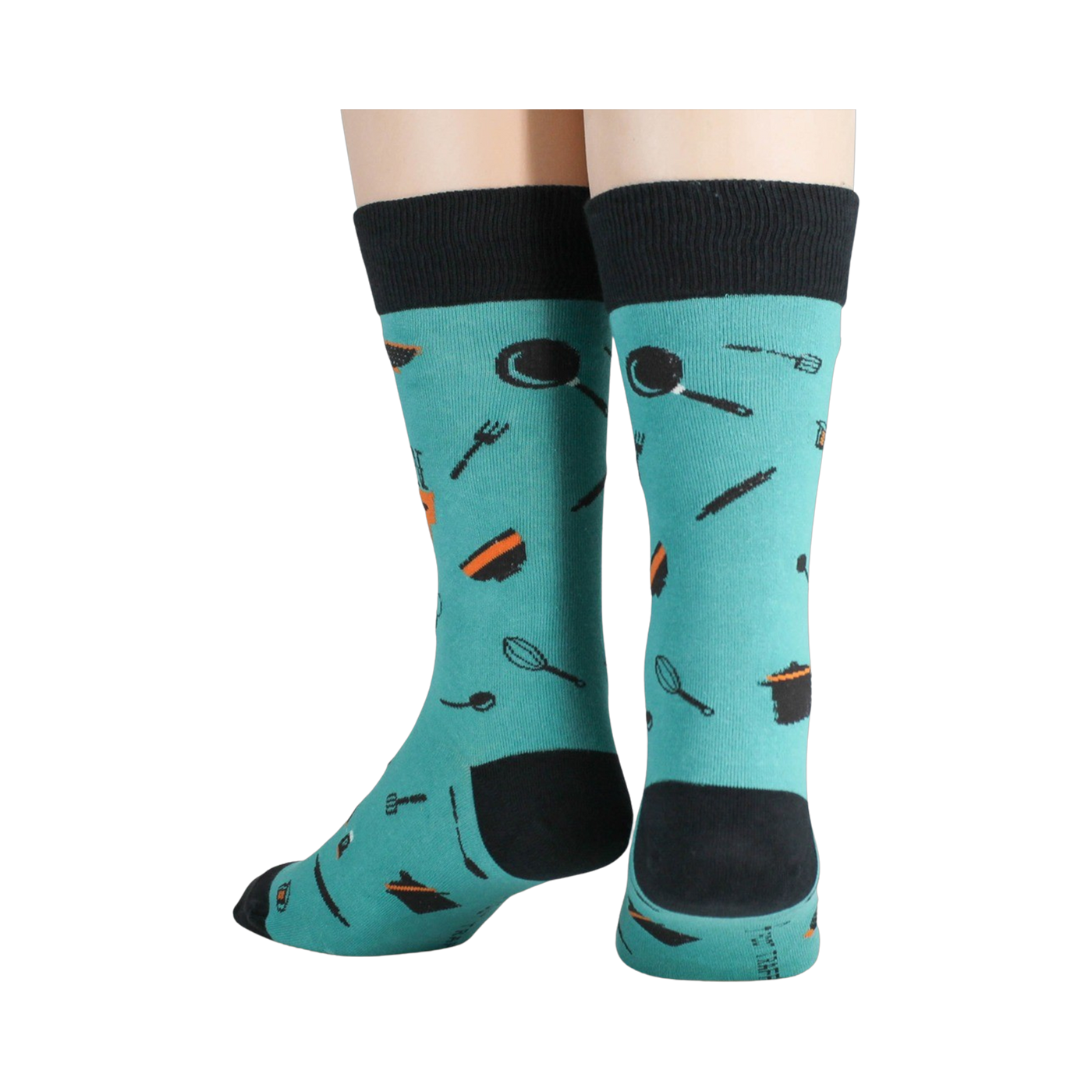 Close-up shot of the back of the socks, showing the black cuffs and full design.