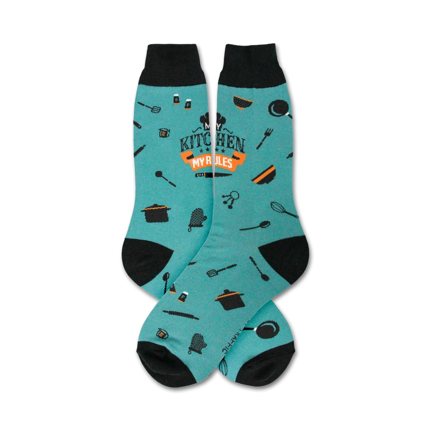Pair of teal crew socks with black cuffs.  Features orange text 'My Kitchen My Rules' and small kitchen utensil icons.