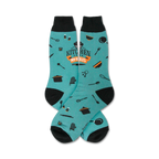 Pair of teal crew socks with black cuffs.  Features orange text 'My Kitchen My Rules' and small kitchen utensil icons.