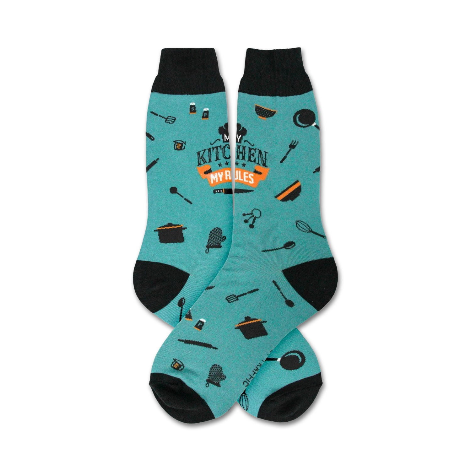 Pair of teal crew socks with black cuffs.  Features orange text 'My Kitchen My Rules' and small kitchen utensil icons.