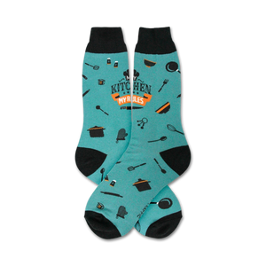 teal crew socks with black toes, heels, and cuffs. text on socks 