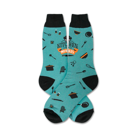 teal crew socks with black toes, heels, and cuffs. text on socks "my kitchen...my rules." kitchen-themed items like spatulas, spoons, and rolling pins adorn the socks.  