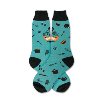 teal crew socks with black toes, heels, and cuffs. text on socks "my kitchen...my rules." kitchen-themed items like spatulas, spoons, and rolling pins adorn the socks.  