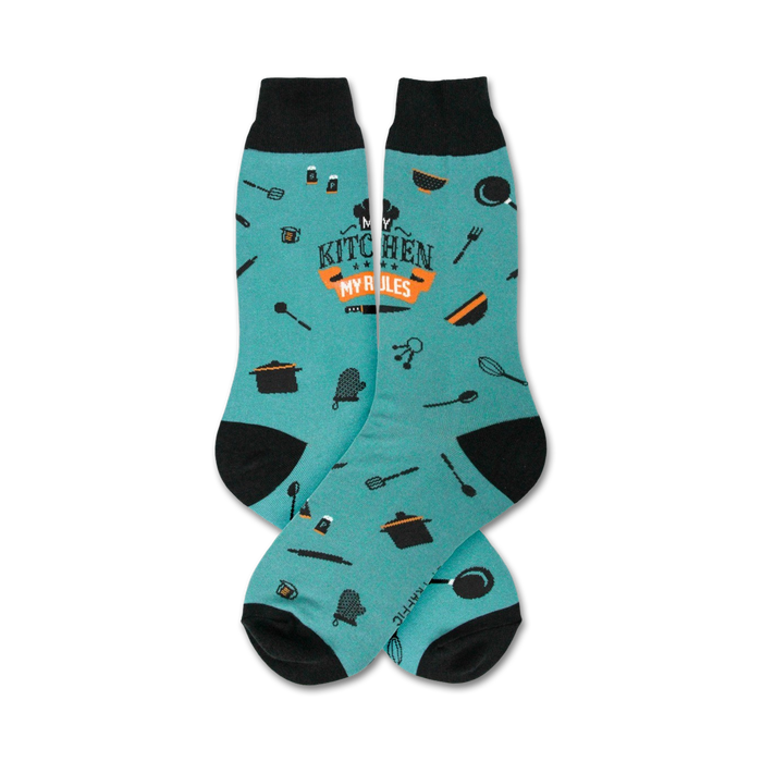 teal crew socks with black toes, heels, and cuffs. text on socks 