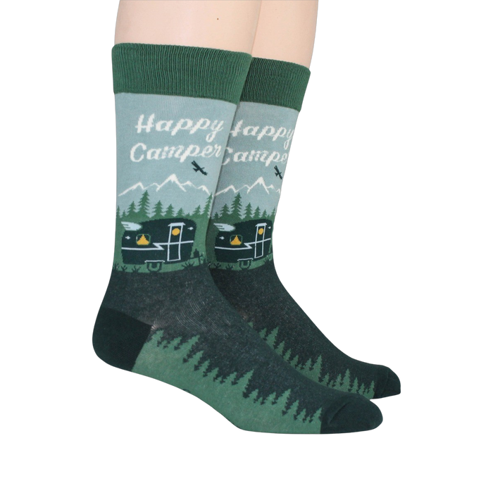 Lifestyle shot of two Happy Camper socks on a person's feet.