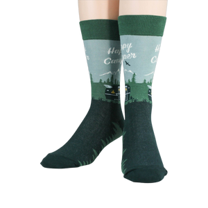 Flatlay image showing two Happy Camper socks laid flat.