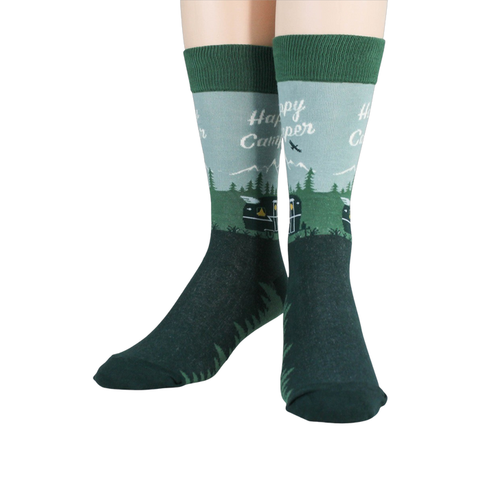 Flatlay image showing two Happy Camper socks laid flat.