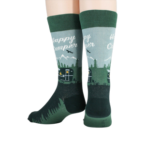 Close-up detail shot of the Happy Camper socks, highlighting the design.