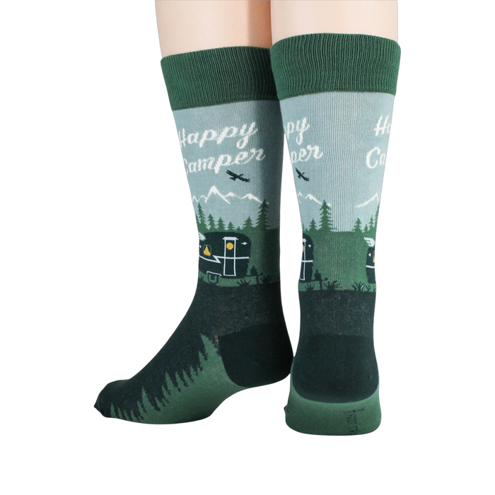 Close-up detail shot of the Happy Camper socks, highlighting the design.