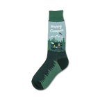 Crew socks in green and teal. Design features a vintage camper van, mountains, trees, and the words 'Happy Camper'.
