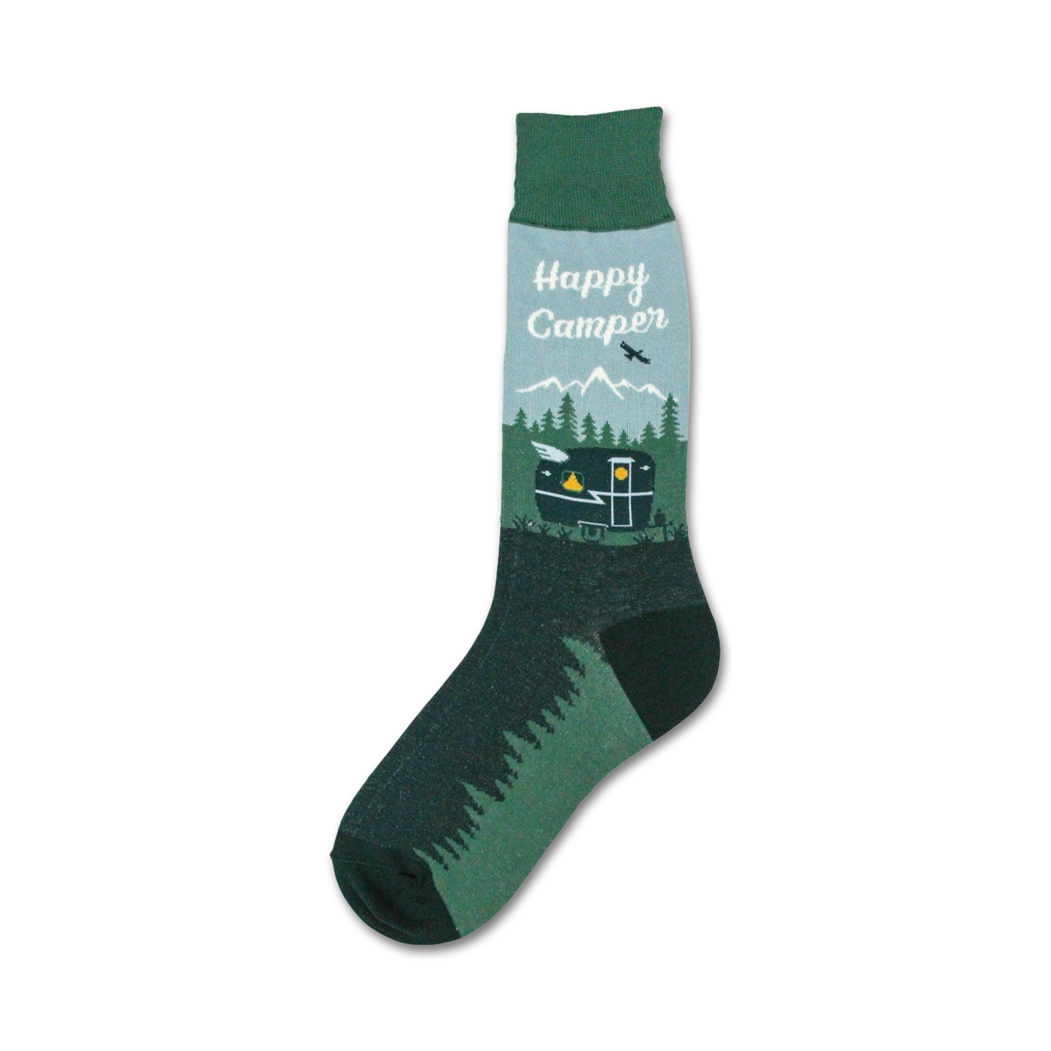 Crew socks in green and teal. Design features a vintage camper van, mountains, trees, and the words 'Happy Camper'.