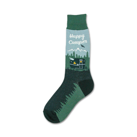 crew length men's socks in green with white toes and text that says 'happy camper'. graphic features a camper driving through a forest with a mountain in the background and a bird flying overhead.  