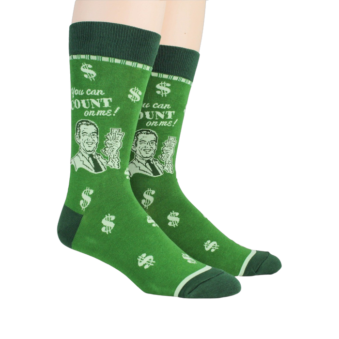 Lifestyle shot of a person wearing a pair of green 'Accountant' socks.