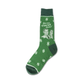 Green crew socks with a retro image of a man holding money and the text 'You can count on me!'  Dollar signs are printed all over.
