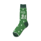 Green crew socks with a retro image of a man holding money and the text 'You can count on me!'  Dollar signs are printed all over.