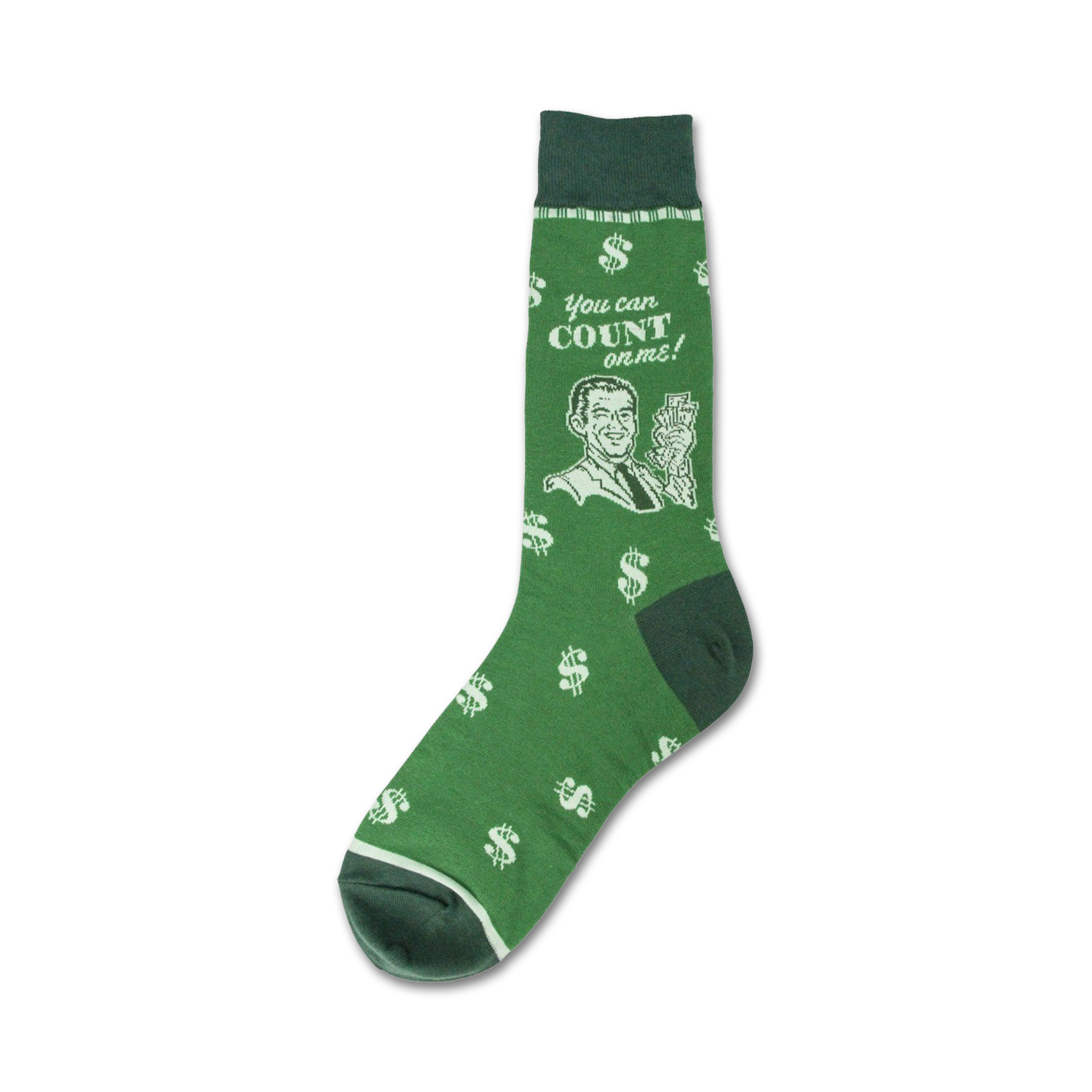 Green crew socks with a retro image of a man holding money and the text 'You can count on me!'  Dollar signs are printed all over.