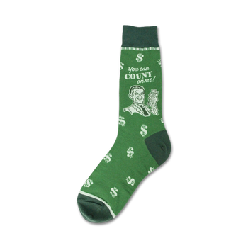crew socks with a pattern of money signs and the text "you can count on me" for men. 