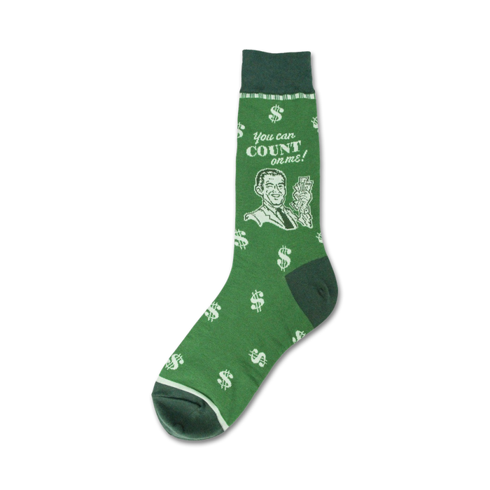crew socks with a pattern of money signs and the text 