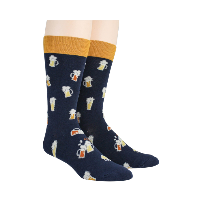 Pair of navy blue Beer Stein socks on a model's legs, showcasing the full design.