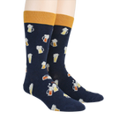 Pair of navy blue Beer Stein socks on a model's legs, showcasing the full design.