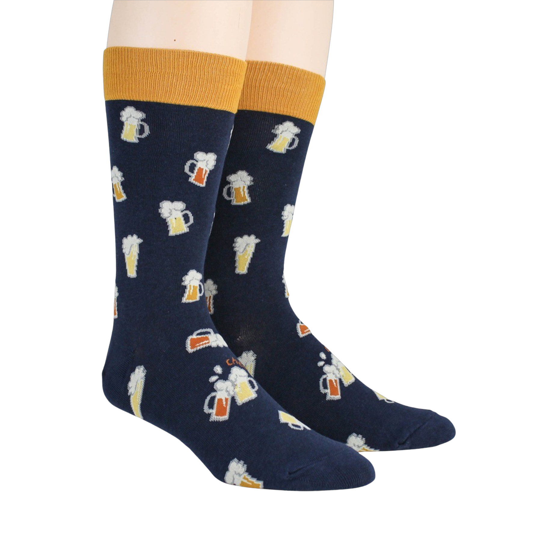 Pair of navy blue Beer Stein socks on a model's legs, showcasing the full design.