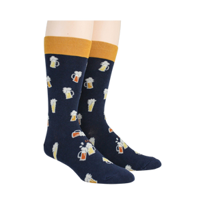 Pair of navy blue Beer Stein socks on a model's legs, showcasing the full design.