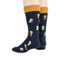 Back view of a pair of navy blue Beer Stein socks showing the design on the heel and cuff.